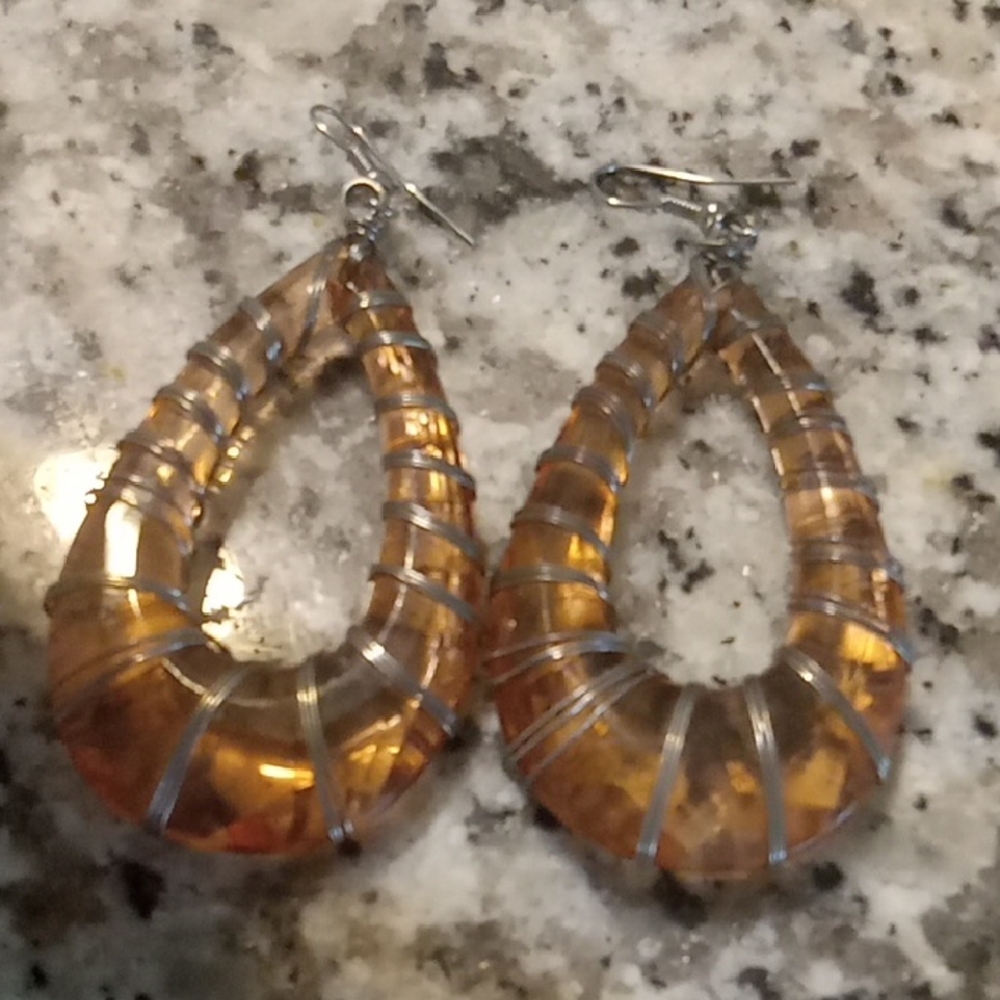 Amber Teardrop Wire-Wrapped Earrings - Women Jewelry